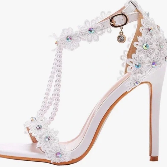 Crystal Queen white beaded embellished heels, ankle straps - Picture 4 of 5